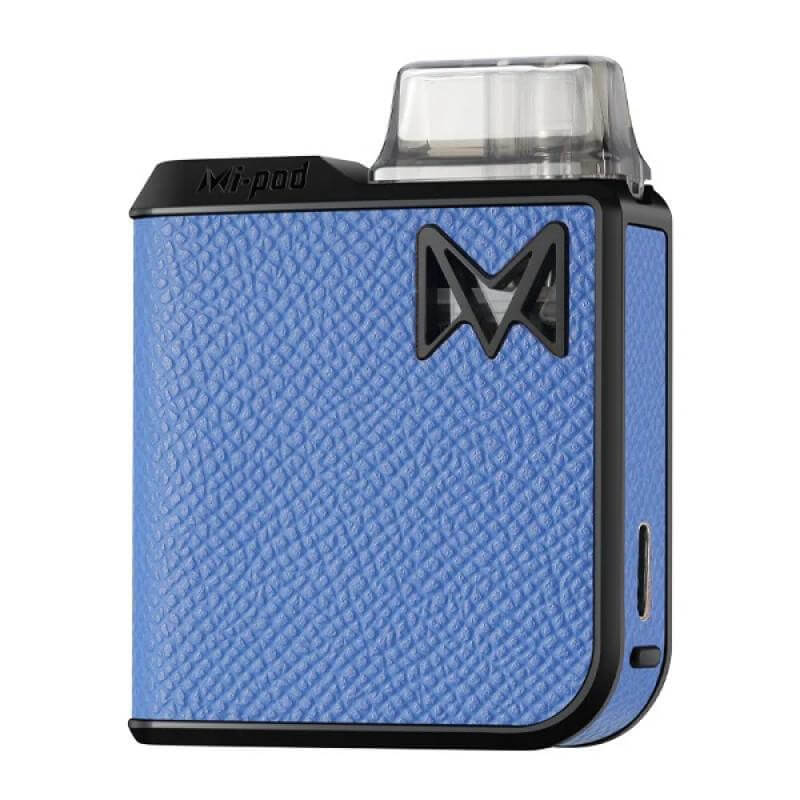 Mi-Pod Pro+ in blue leather finish, featuring USB-C charging and 2mL e-juice capacity for a compact vaping experience.