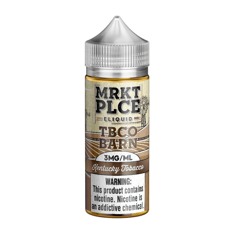 MRKT Place TBCO Barn e-liquid 100ml bottle, featuring Kentucky Tobacco flavor and 3mg/ml nicotine.