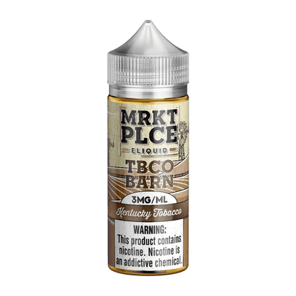 MRKT Place TBCO Barn e-liquid 100ml bottle, featuring Kentucky Tobacco flavor and 3mg/ml nicotine.