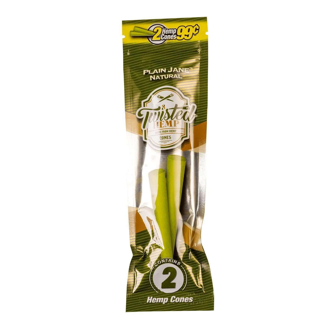 Twisted Hemp Hemp Cones 2pc packaging, featuring premium flavored, tobacco-free, natural smoking cones.