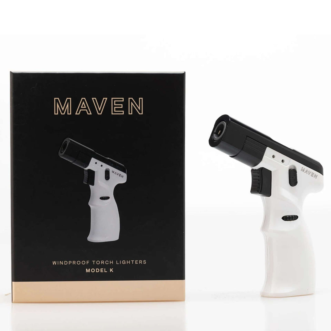 Maven Model K Butane Torch next to packaging, featuring a windproof design and precision flame control.