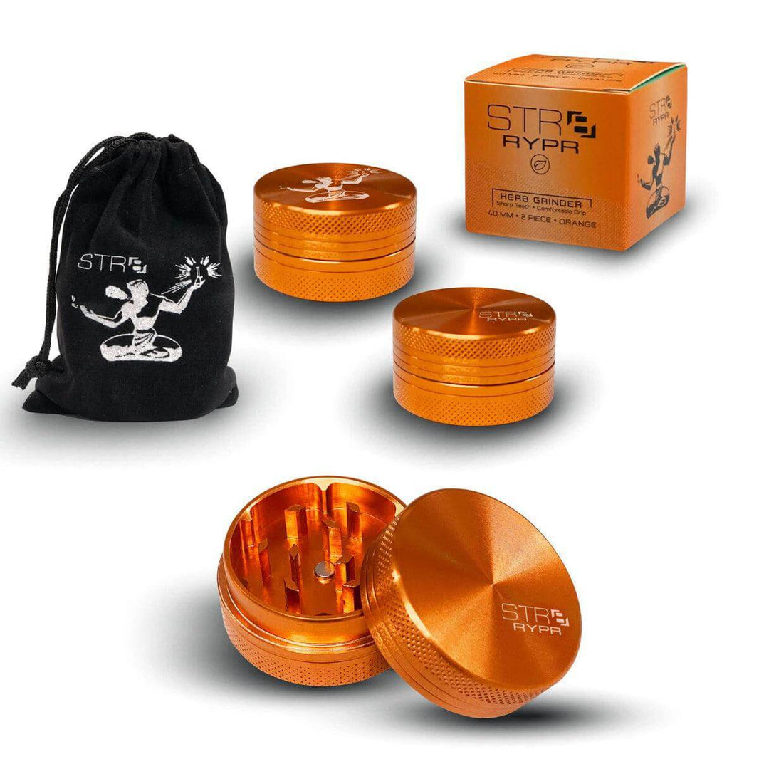 STR8 RYPR Herb Grinder 40mm 2-piece in orange with carrying pouch and packaging for effortless herb grinding.