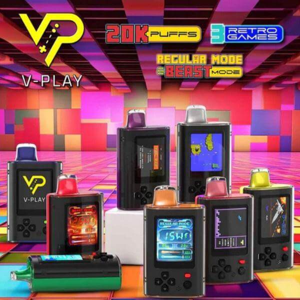 V Play Retro 20k Disposable Vape featuring retro games and sleek design with 20,000 puffs for a satisfying vaping experience.