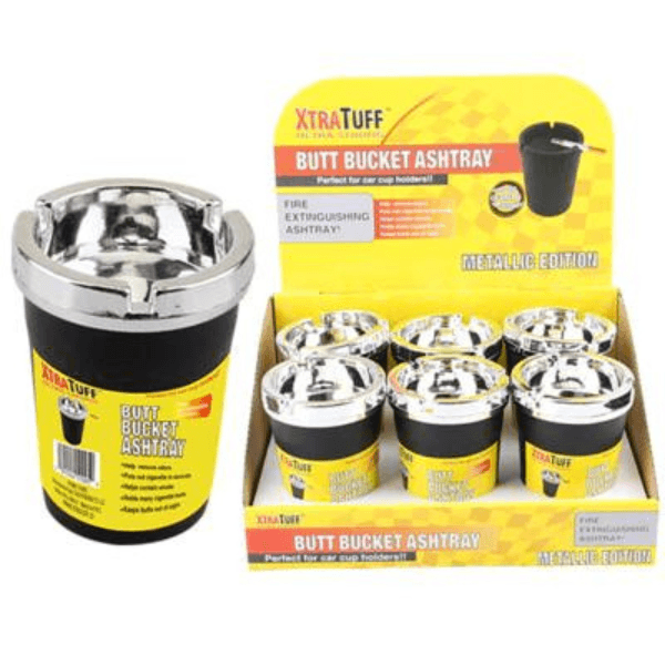 Image of the Butt Bucket Ash Tray in a metallic edition, displaying the product packaging and features for smokers.