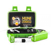 Huni Badger portable device kit in a green case, featuring accessories and logo for herbal extraction enjoyment.