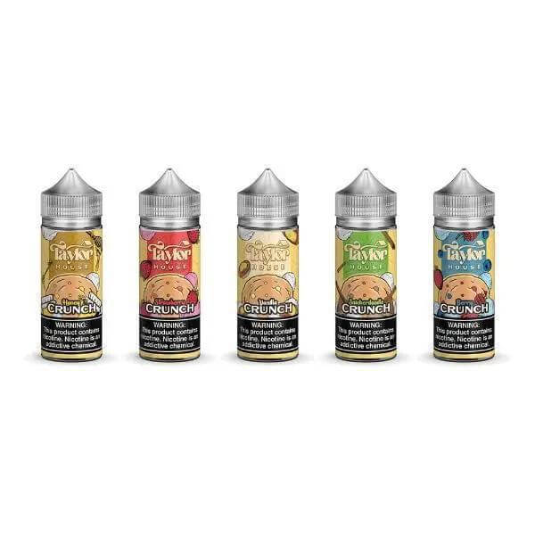 Taylor House E Liquids collection featuring five flavors in stylish bottles, ideal for vaping enthusiasts.