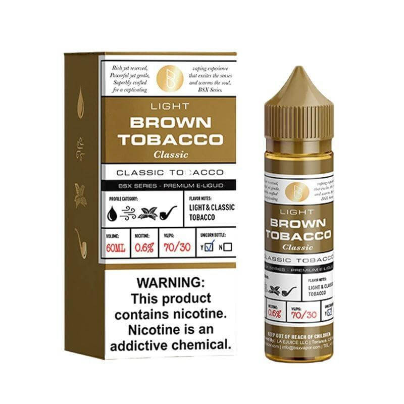 BSX Series 60ml Light Brown Tobacco E-Liquid in box, perfect for rich and bold sub-ohm vaping experiences.