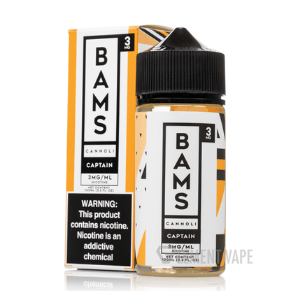 Bams Cannoli 100ml e-liquid bottle and box, featuring sweet, creamy flavors for sub ohm vaping.