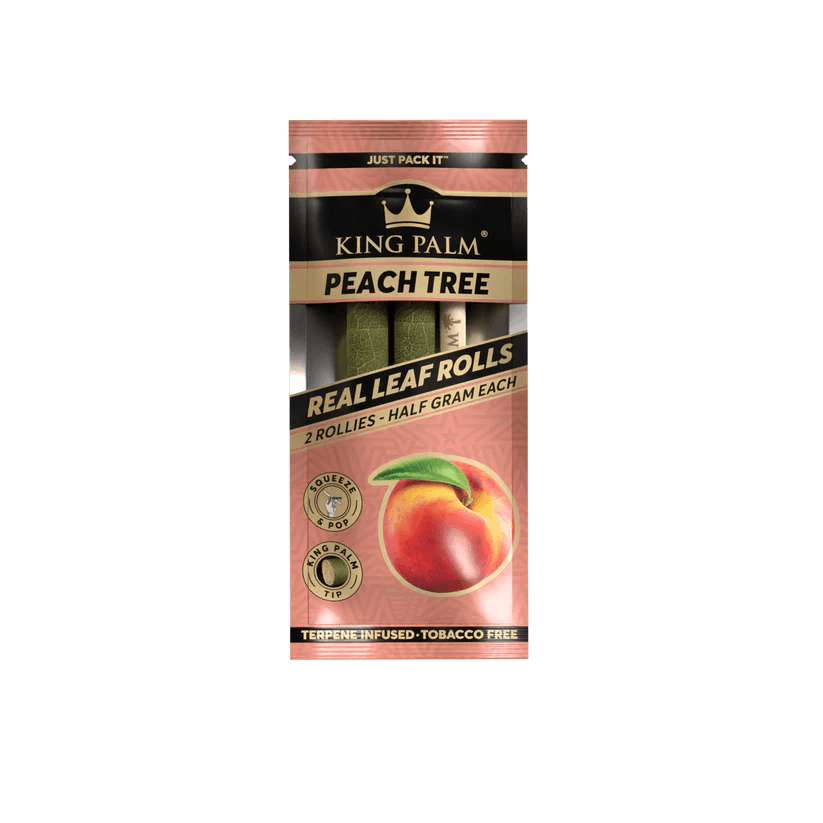 King Palm Peach Tree Rollies pack featuring 2 half-gram real leaf rolls, infused with natural terpenes and fruity flavor.