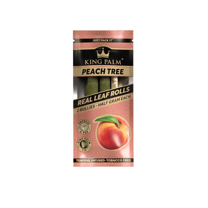 King Palm Peach Tree Rollies pack featuring 2 half-gram real leaf rolls, infused with natural terpenes and fruity flavor.