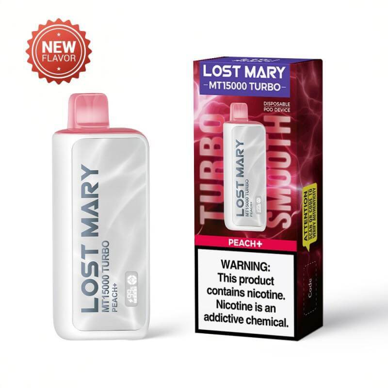 Lost Mary MT15000 Turbo Vape with Peach+ flavor, featuring a disposable design and warning label for nicotine.