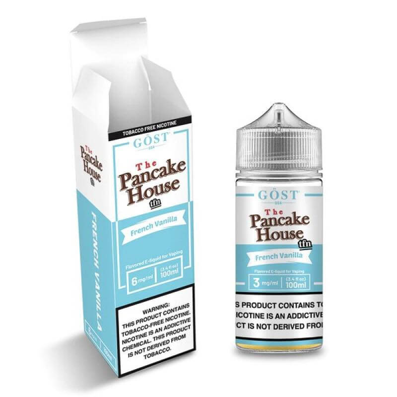 The Pancake House 100ml e-liquid with French vanilla flavor, packaged in a sleek box for vaping enthusiasts.