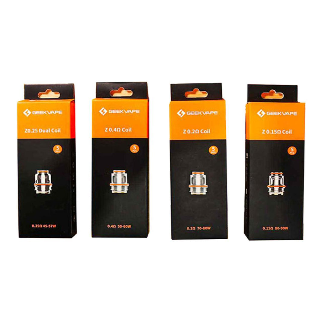 GeekVape Z Series Coils packaging, featuring Z0.25, Z0.4, Z0.2, and Z0.15 coil options for optimal vaping performance.