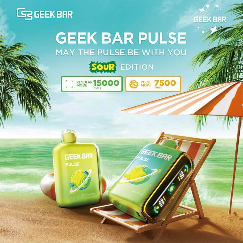Geek Bar Pulse Sour Edition disposable vape, showcasing vibrant design and beach scene, highlighting 15000 puffs.