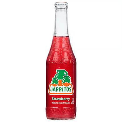 Jarritos Strawberry Soda 16oz bottle showcasing vibrant red color and natural fruit flavor.