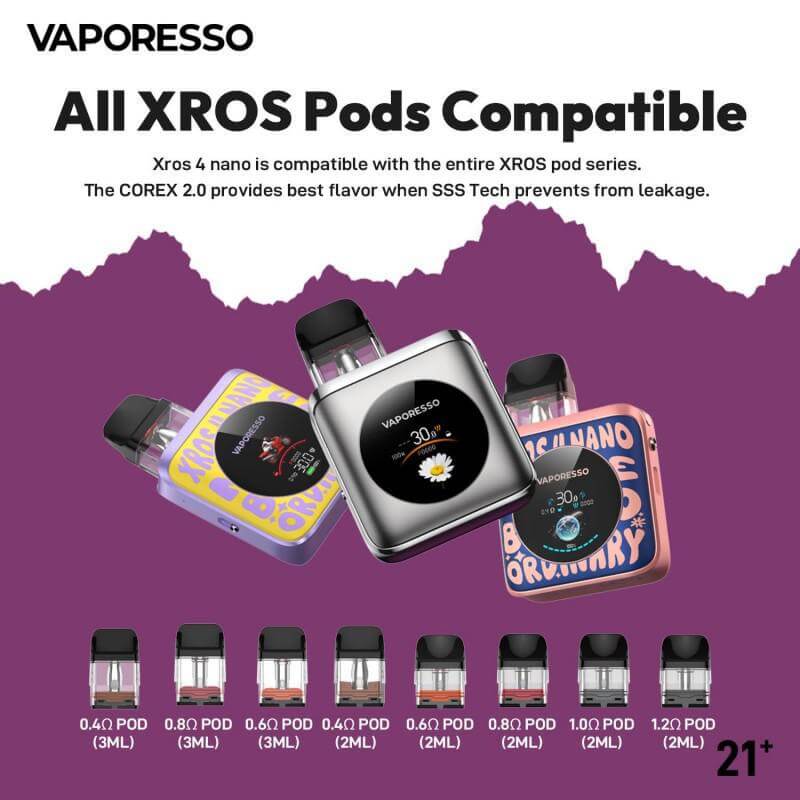 Vaporesso XROS 4 Nano compatible with all XROS pods, showcasing COREX 2.0 for optimal flavor without leakage.