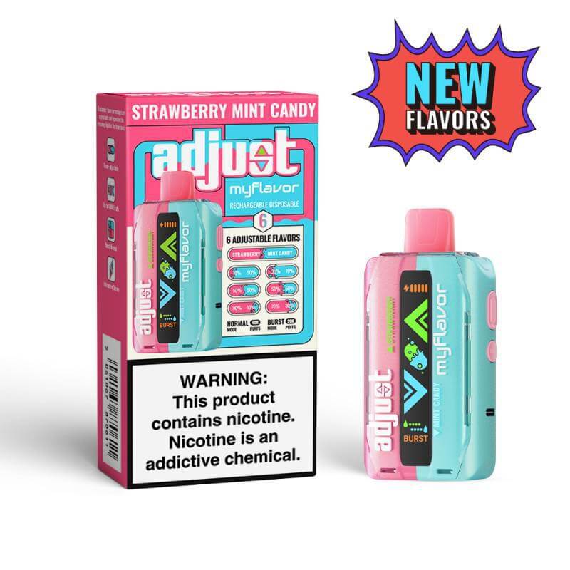 Adjust MyFlavor Disposable Vape with Strawberry Mint Candy flavor, showcasing customizable settings and 5% nicotine.