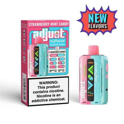 Adjust MyFlavor Disposable Vape with Strawberry Mint Candy flavor, showcasing customizable settings and 5% nicotine.