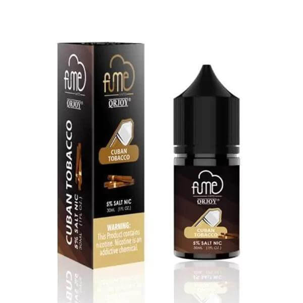 FUME Salt Nic e-liquid Cuban Tobacco flavor, 5% nicotine, packaging and bottle design.