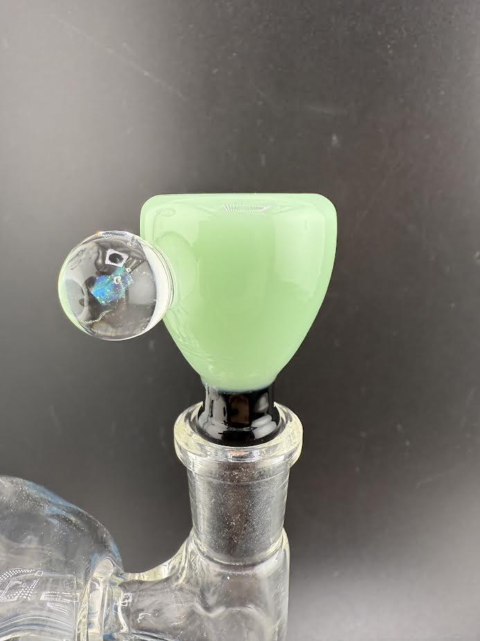 14mm green glass bowl attachment with a clear bubble for a water pipe, perfect for smooth smoking experiences.