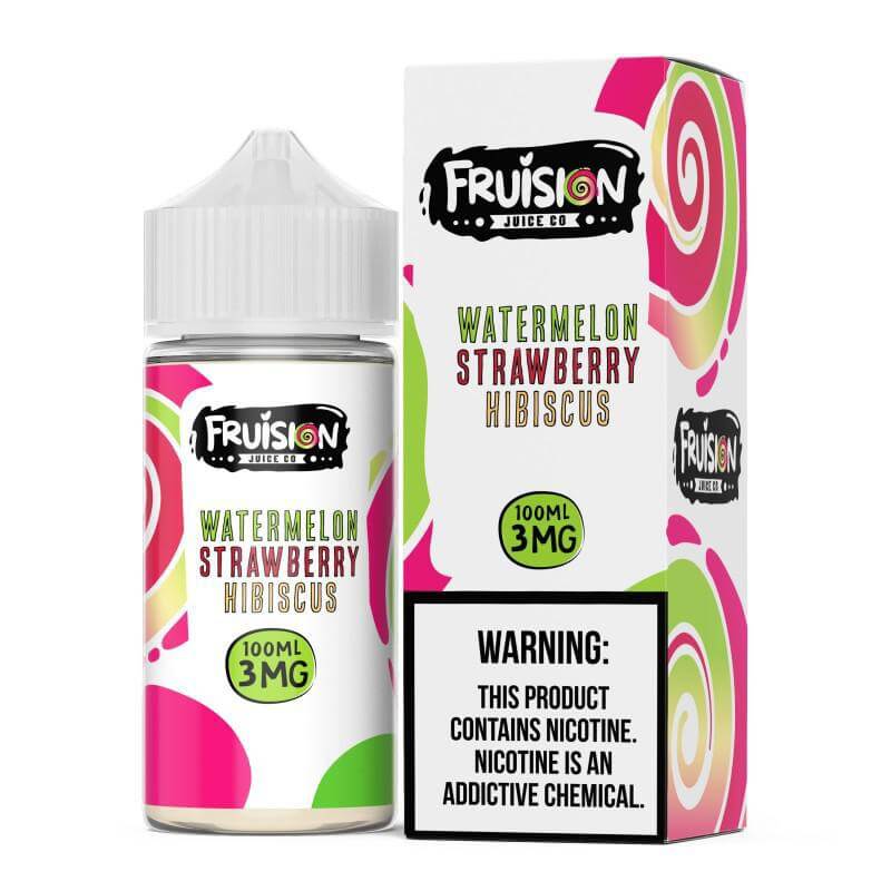 Fruision Juice Co 100ml Watermelon Strawberry Hibiscus e-liquid in a bottle and box packaging.