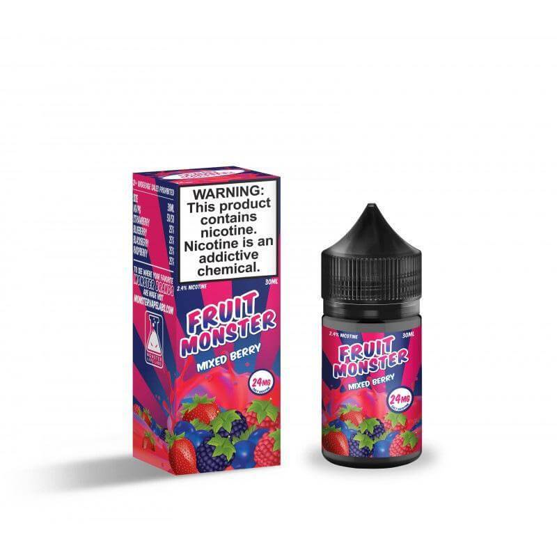 Fruit Monster Salt Nic 30ml e-liquid bottle with mixed berry flavor, box packaging, and nicotine warning label.