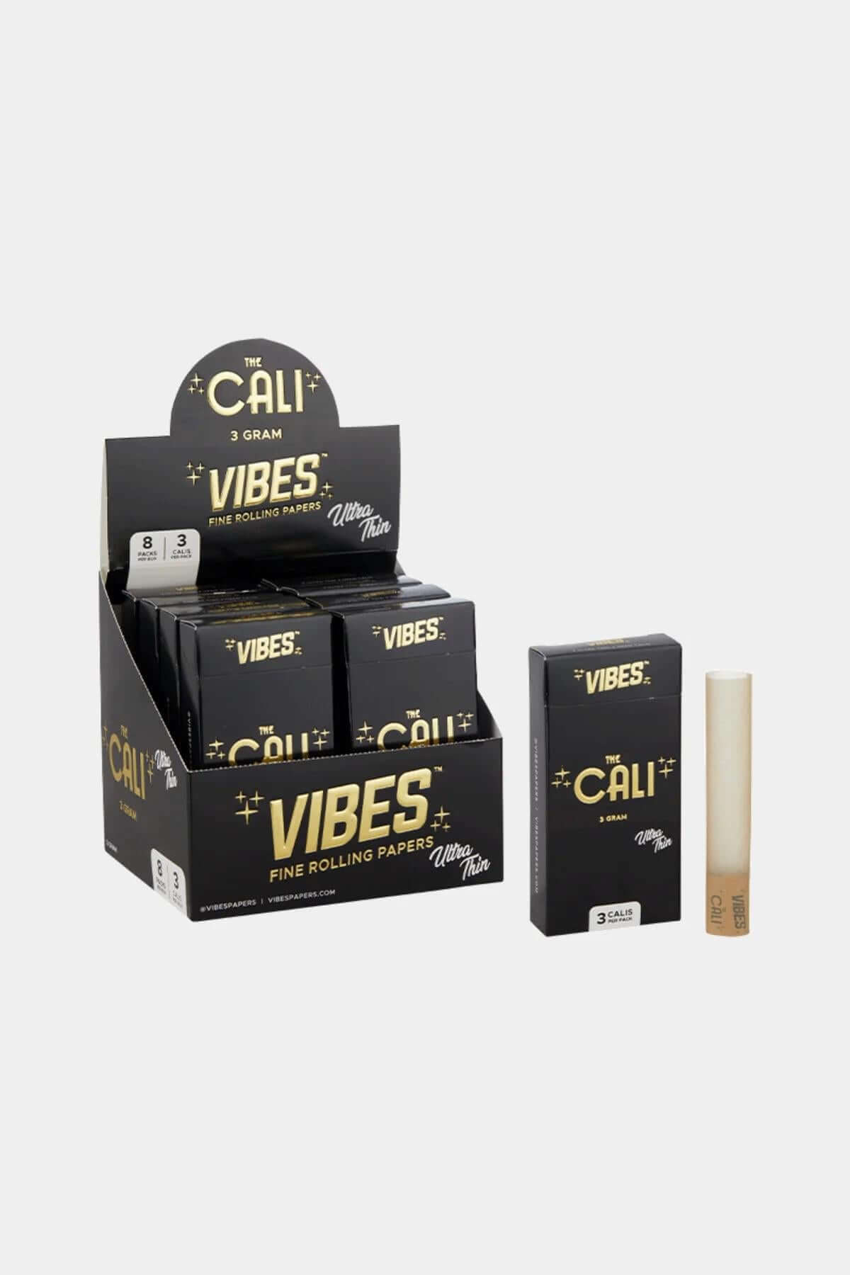 Vibes Cali 3 Gram Cones display box featuring Rice, Hemp, Organic Hemp, and Ultra Thin pre-rolled cones.