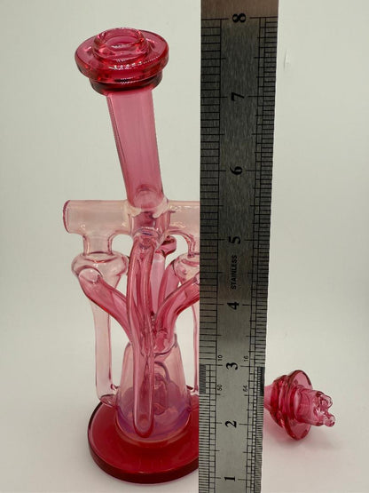 Domer Glass Double Drain Quad Uptake W/ Bubble Dumper Golden Ruby / Telemagenta 10mm Recycler