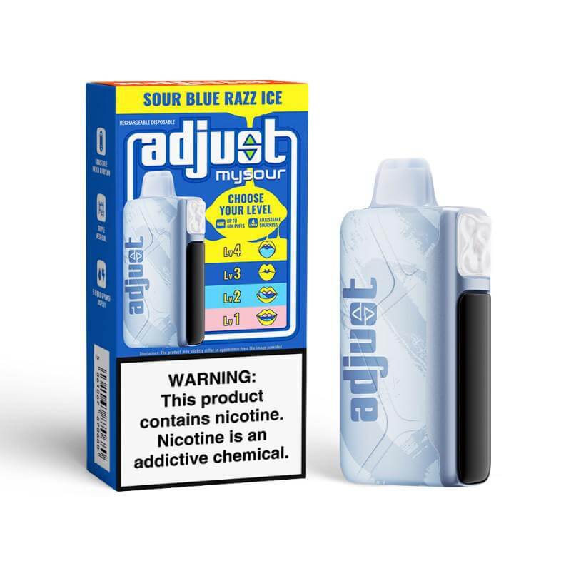 Adjust MySour 40K Disposable Vape in Sour Blue Razz Ice flavor with customizable sour levels and nicotine warning.