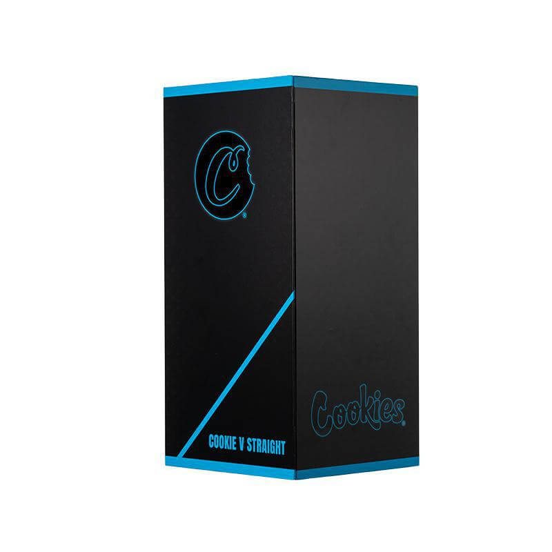 Cookies V Straight Water Pipe packaging in sleek black with blue accents and iconic Cookie logo.