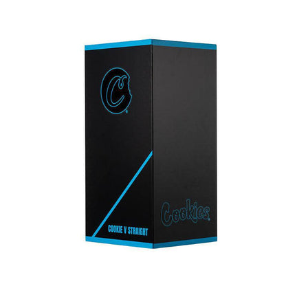 Cookies V Straight Water Pipe packaging in sleek black with blue accents and iconic Cookie logo.