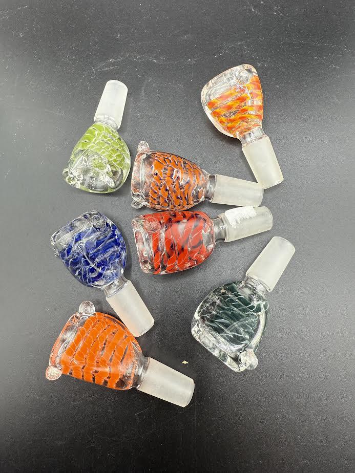 Colorful 14mm flat face bowl pieces arranged on a black surface, showcasing vibrant patterns and durable design.