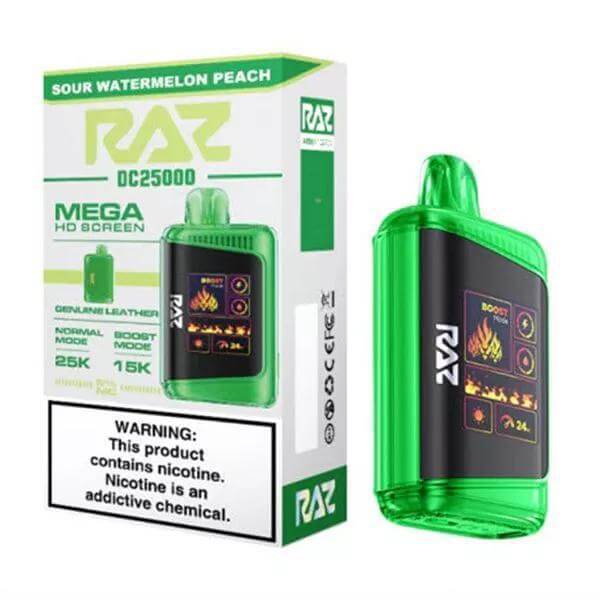 Raz 25k disposable vape in Sour Watermelon Peach flavor, featuring a mega HD screen and warning about nicotine.