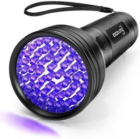 Esco Lite 51 LED UV flashlight with a purple LED lens, ideal for pet stain detection and outdoor scorpion spotting.