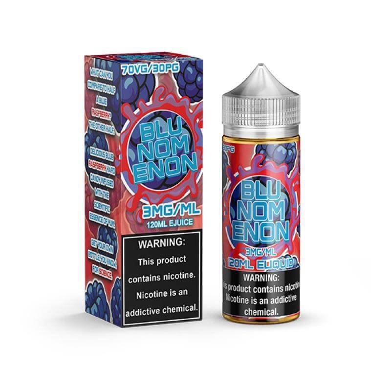 NOMS 120ml e-liquid bottle with blue raspberry flavor, featuring vibrant packaging and nicotine warning.