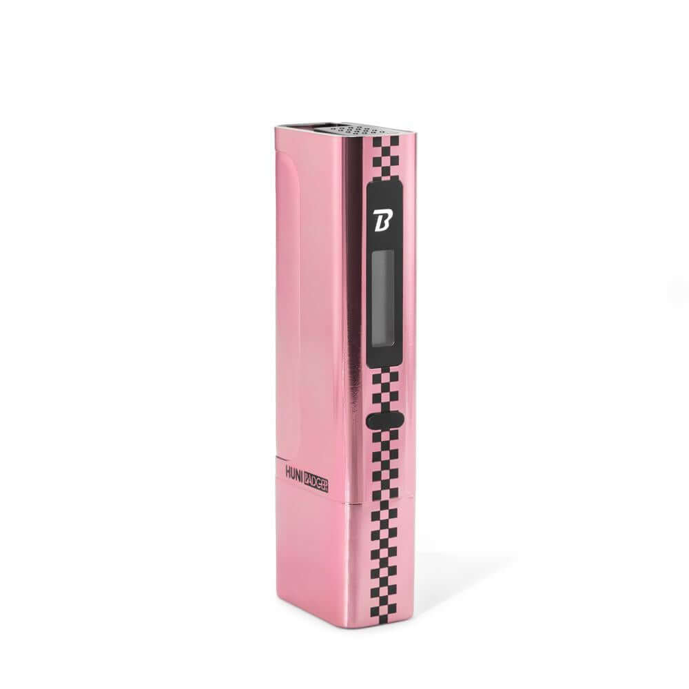 Huni Badger Portable Device Pro in pink, featuring a sleek design and one-button control for easy herbal extract consumption.