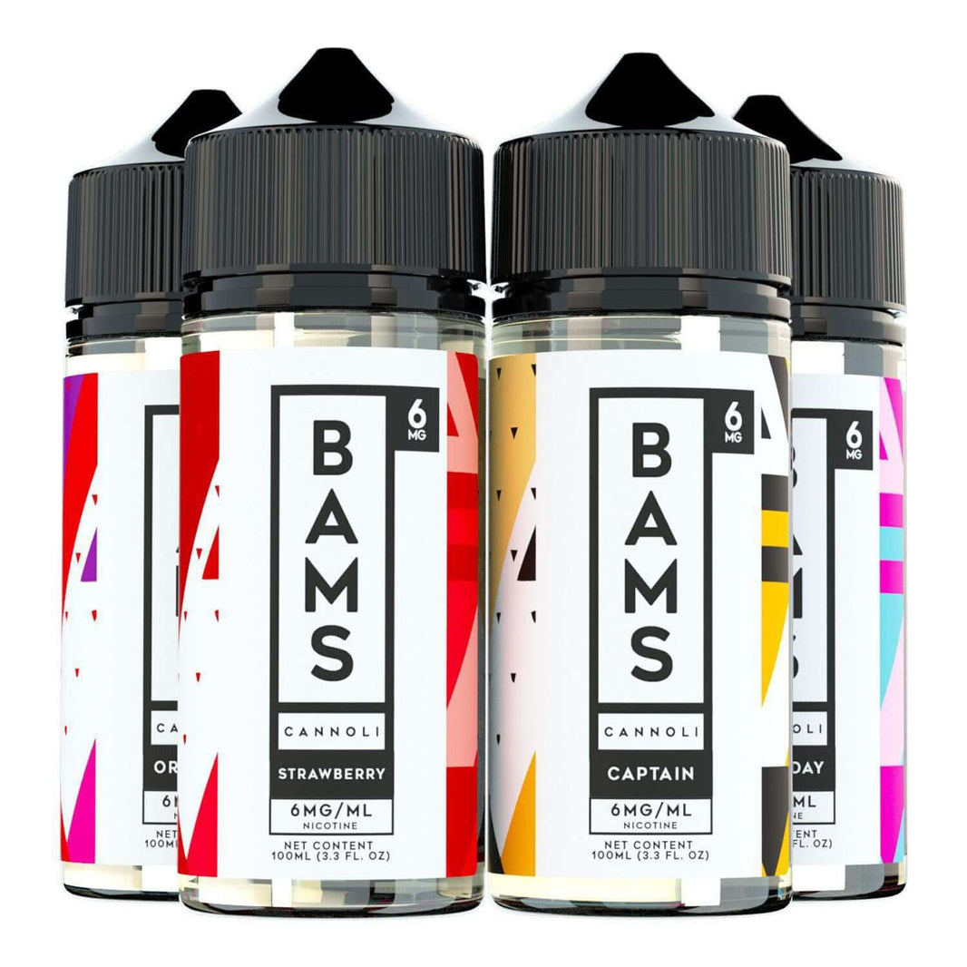 Bams Cannoli e-liquid bottles in various flavors, featuring bold designs and 100ml size for sweet vaping indulgence.