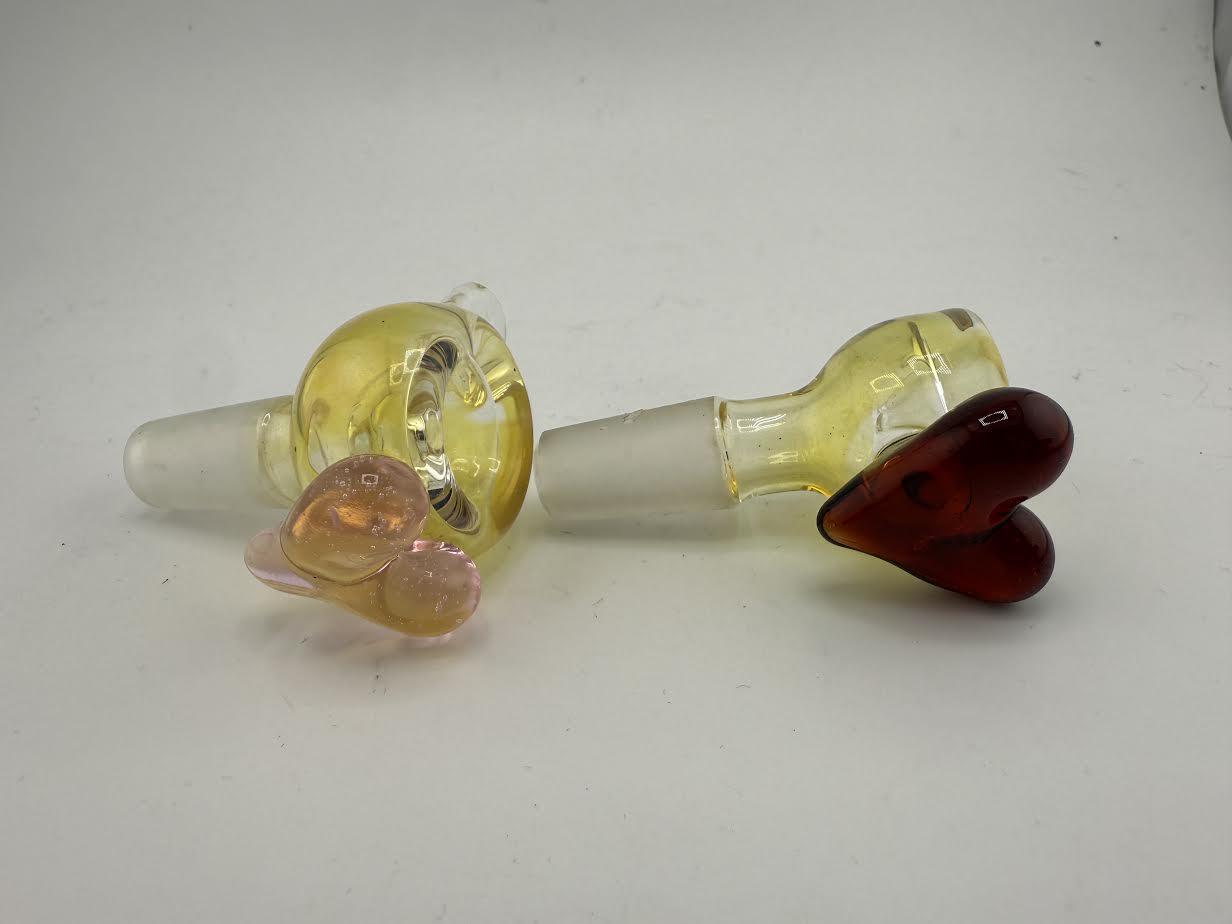 Handcrafted Lamp Dancer 14mm glass bowl piece with heart accents in vibrant colors, showcasing unique artistry.