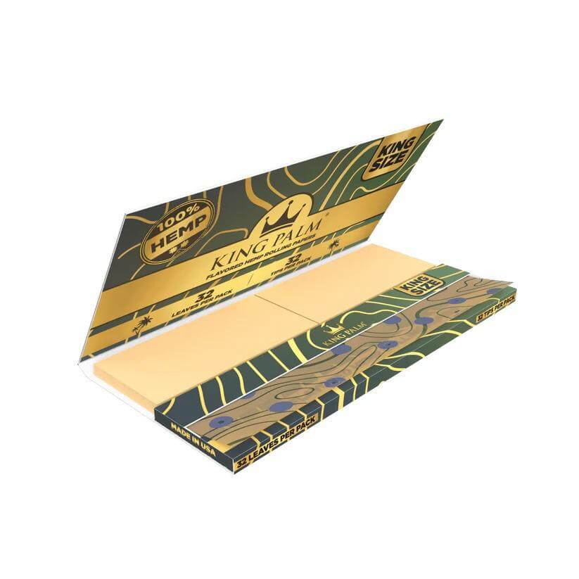 King Palm flavored hemp rolling papers in king size with a green and gold package, containing 32 papers.