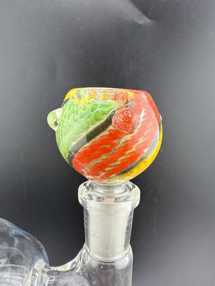 14mm Colored Line Bowl featuring vibrant red, green, and yellow swirling designs for stylish water pipe setup.