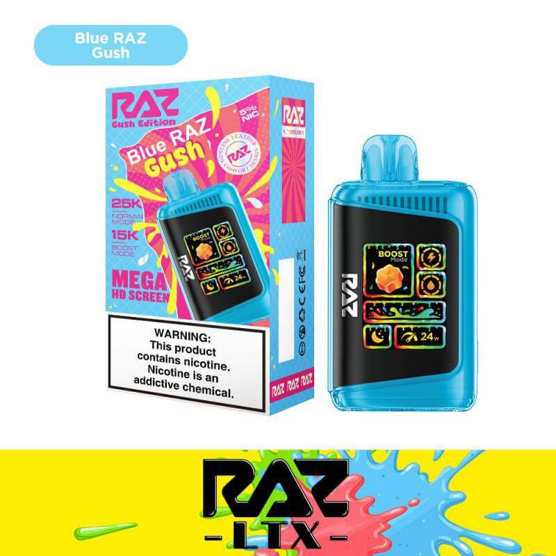 Blue Raz Gush Disposable Vape with 25K Puffs, featuring a colorful design and mega HD screen.