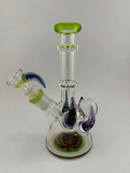 Lylo Glass Horned Mini Beaker 10mm with green accents and unique horned design, handcrafted in Spokane, WA
