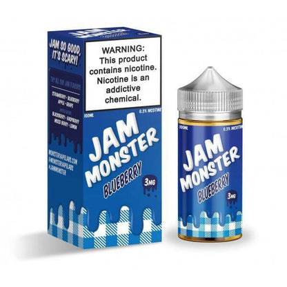 Jam Monster 100ml Blueberry e-liquid bottle and box, featuring nicotine warning label.