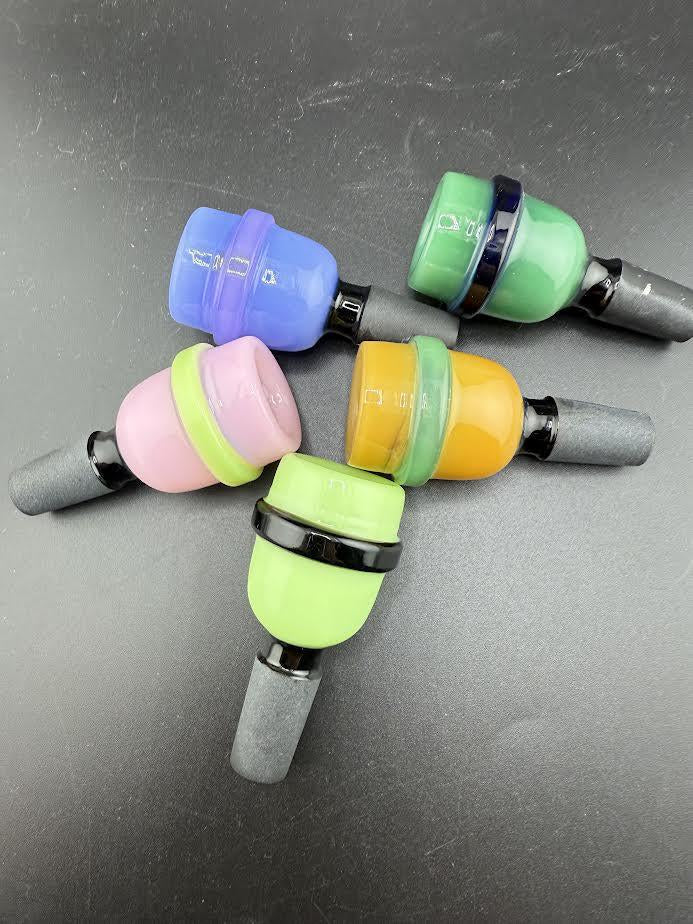 Colorful Ufo 14mm bowls in blue, green, pink, and orange, perfect for smoking accessories and enthusiasts.