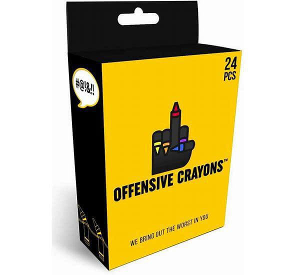 Offensive Crayons 24pc packaging showcasing bold design and cheeky tagline for adult coloring enthusiasts.