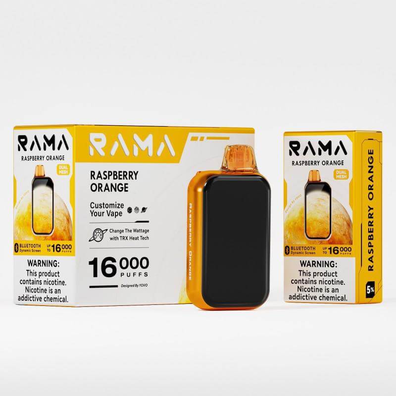 RAMA 16000 Disposable Vape in Raspberry Orange flavor with customizable features and 16,000 puffs.