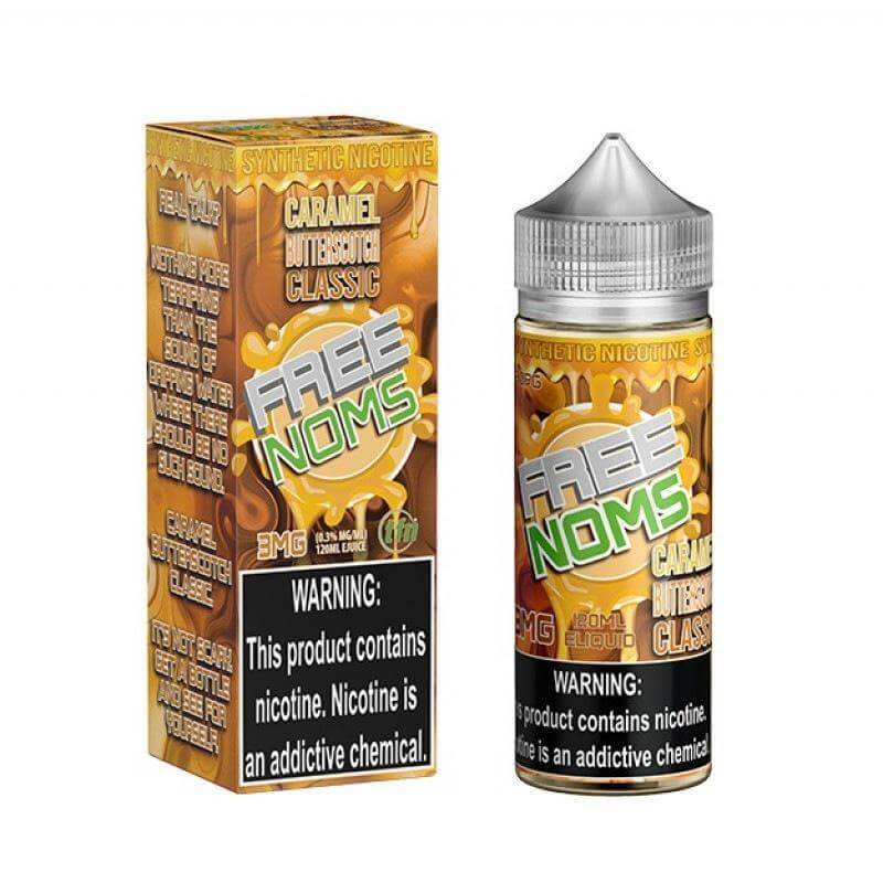 Noms 120ml e-liquid featuring Caramel Butterscotch flavor, ideal for smooth vaping and rich clouds.