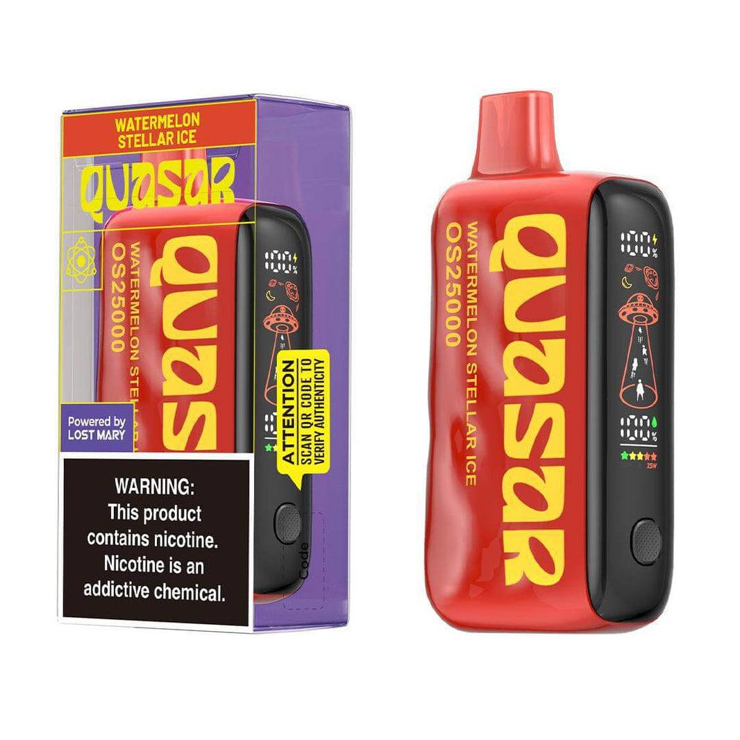 Quasar OS25000 watermelon flavored vape device with packaging, featuring vibrant red design and warning label.