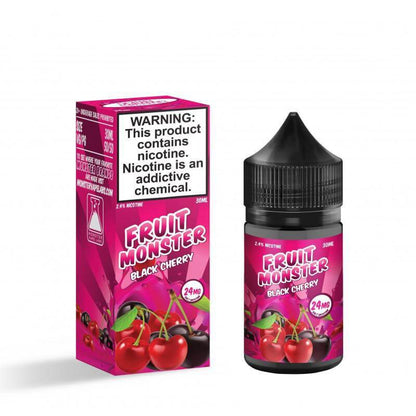 Fruit Monster Salt Nic Black Cherry E-Liquid 30ml with warning label for vaping enthusiasts.