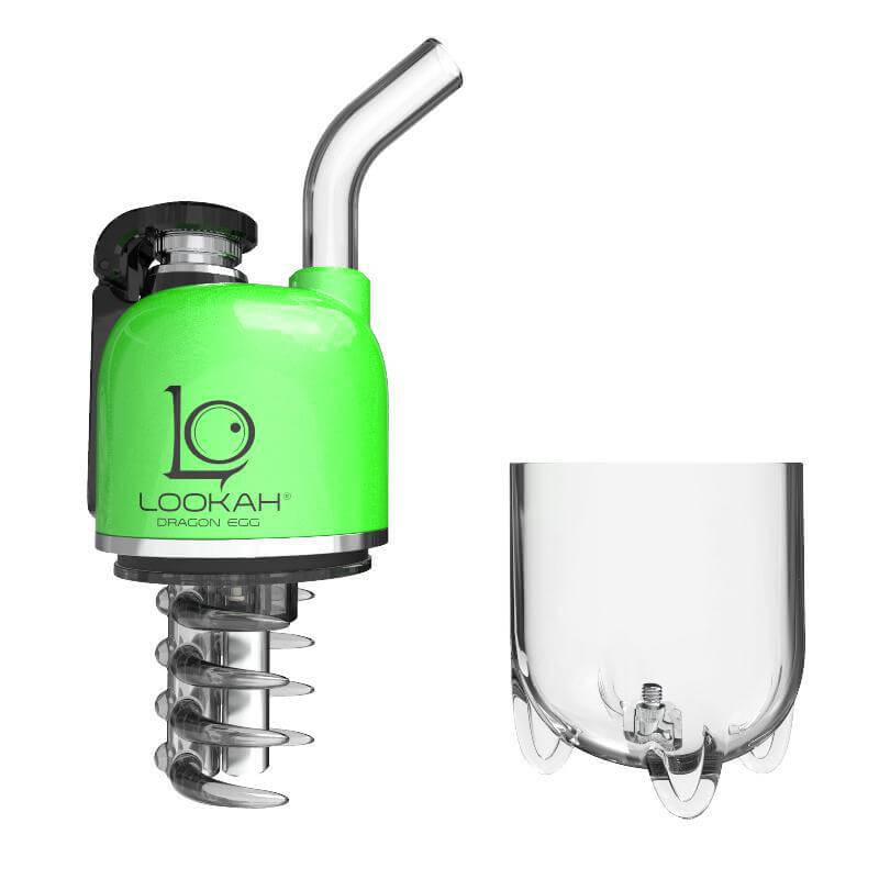 LOOKAH Dragon Egg electric dab rig in vibrant green color with glass attachment, designed for portable and stylish dabbing.